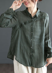 Casual Green Peter Pan Collar Patchwork Linen Blouses Long Sleeve