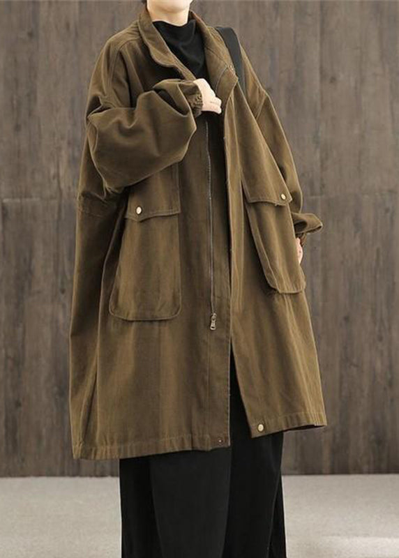 Casual Green Peter Pan Collar Zippered Pockets Trench Coats Cotton Long Sleeve