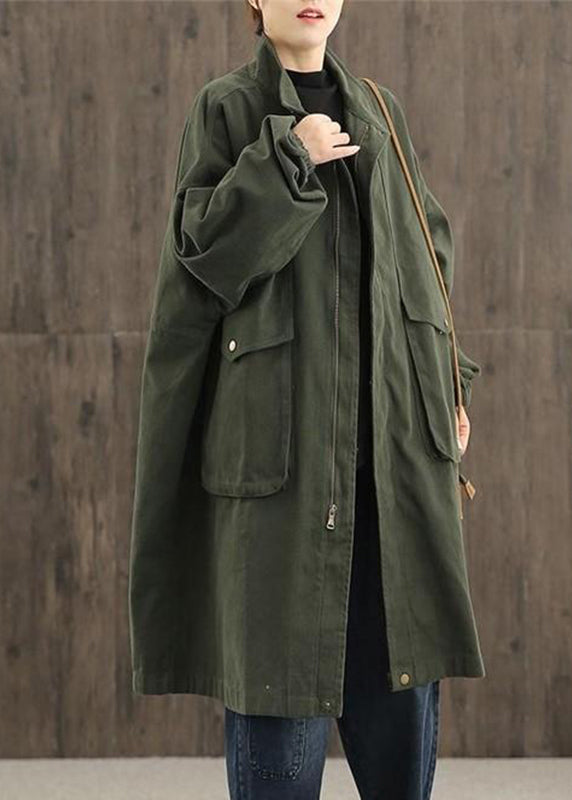 Casual Green Peter Pan Collar Zippered Pockets Trench Coats Cotton Long Sleeve