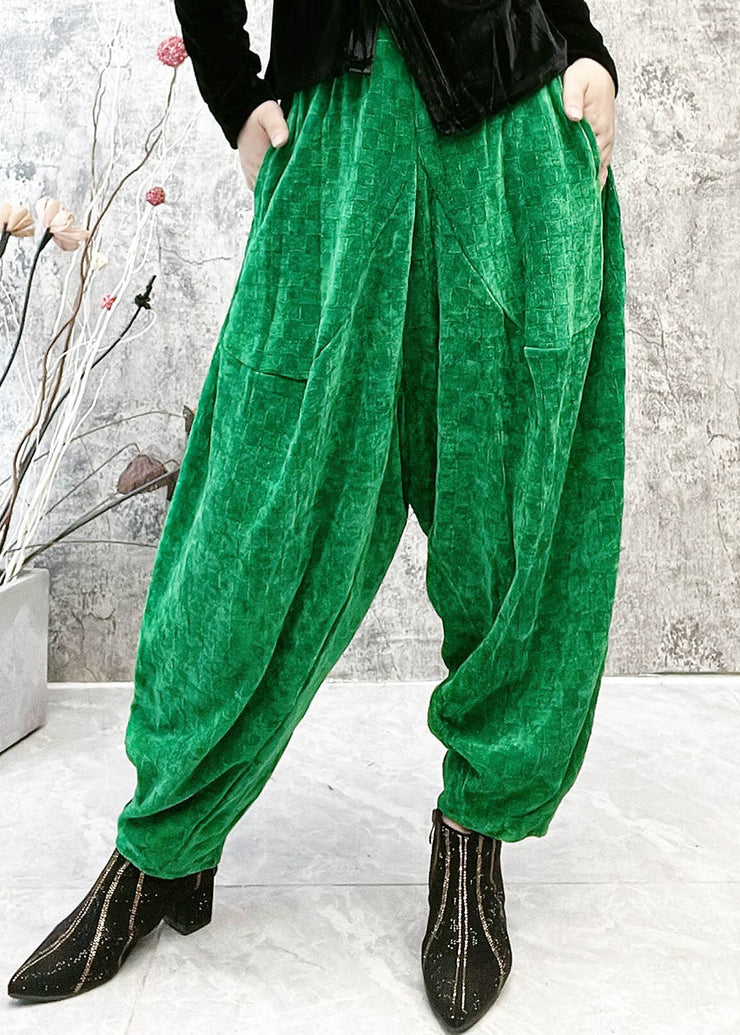 Casual Green Plaid Elastic Waist Velour Lantern Pants Spring