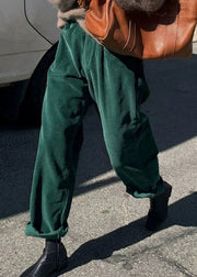 Casual Green Pockets Corduroy Straight Pants Fall