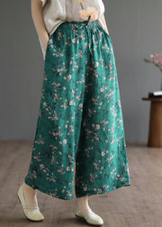 Casual Green Pockets Print Lace Up Elastic Waist Linen Wide Leg Pants Summer