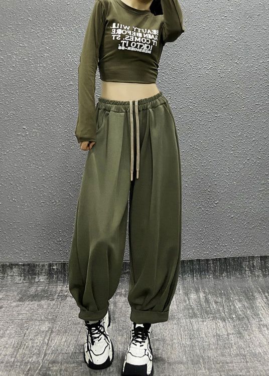 Casual Green Pockets Wrinkled Elastic Waist Cotton Sport Pants Fall