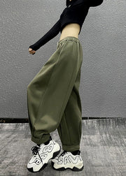 Casual Green Pockets Wrinkled Elastic Waist Cotton Sport Pants Fall