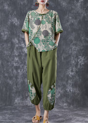 Casual Green Print Chinese Button Cotton Two Pieces Set Summer