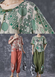 Casual Green Print Chinese Button Cotton Two Pieces Set Summer