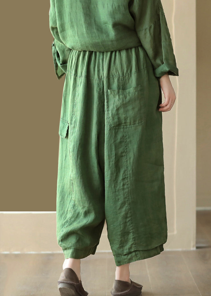 Casual Green Solid Pockets High Waist Linen Wide Leg Pants
