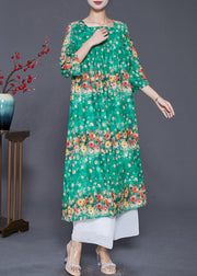 Casual Green Square Collar Floral Print Silk Dresses Summer