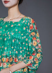 Casual Green Square Collar Floral Print Silk Dresses Summer