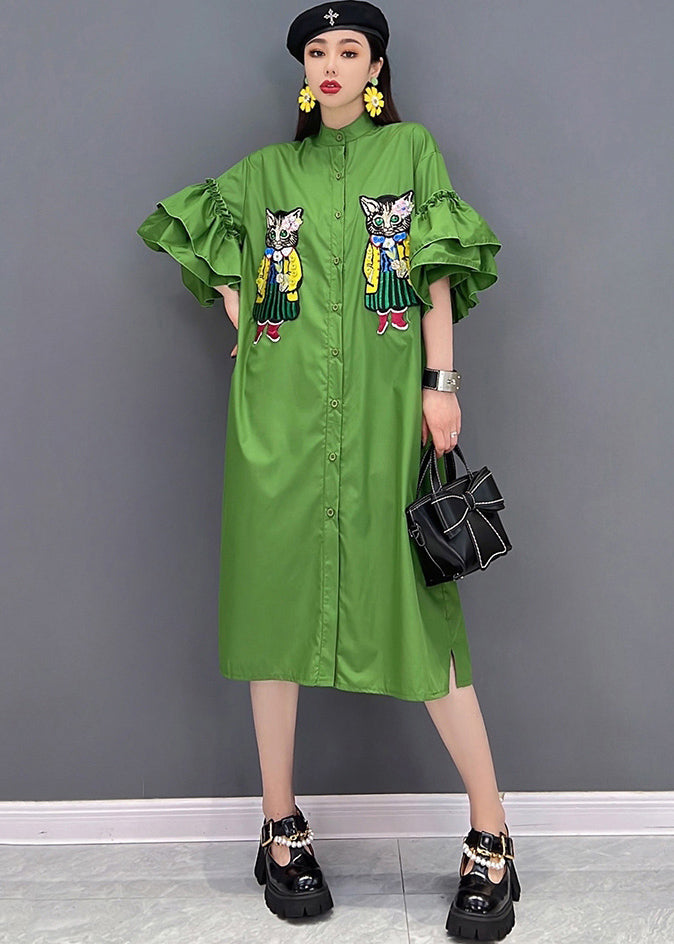 Casual Green Stand Collar Cat Embroidered Shirt Dress Ruffles Sleeve
