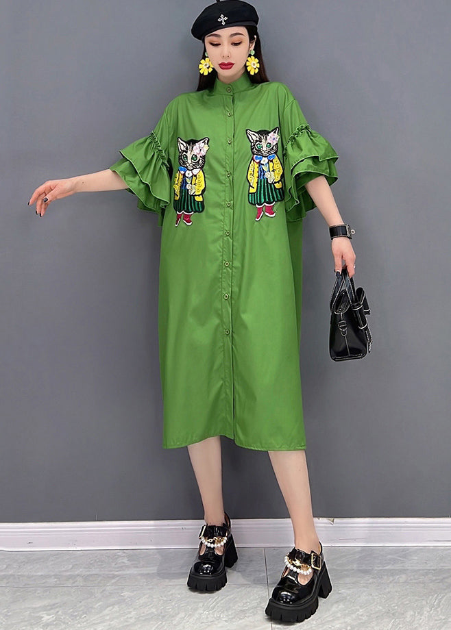 Casual Green Stand Collar Cat Embroidered Shirt Dress Ruffles Sleeve