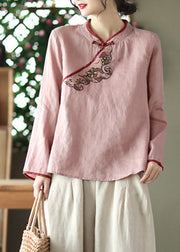 Casual Green Stand Collar Embroidered Button Linen Shirt Long Sleeve