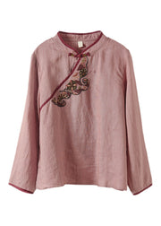 Casual Green Stand Collar Embroidered Button Linen Shirt Long Sleeve
