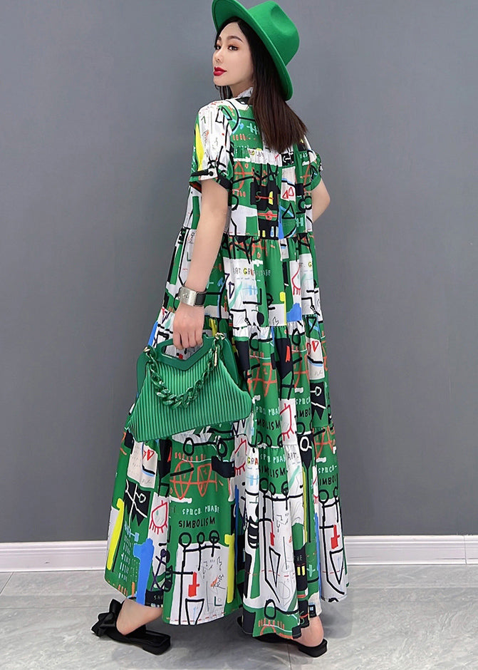 Casual Green Stand Collar Patchwork Exra Large Hem Print Chiffon Maxi Dress Short Sleeve