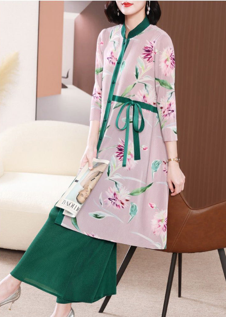 Casual Green Stand Collar Patchwork Tie Waist Two Pieces Set Spring
