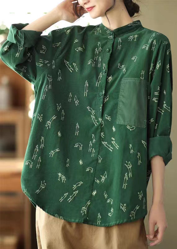 Casual Green Stand Collar Print Patchwork Corduroy Blouses Spring