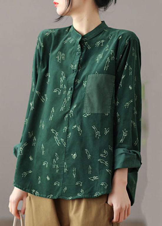 Casual Green Stand Collar Print Patchwork Corduroy Blouses Spring