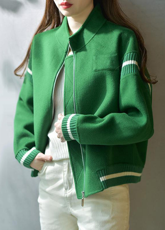 Casual Green Stand Collar Zip Up  Patchwork Woolen Coats Fall