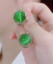 Casual Green Stering Silver Cat's Eye Stone Zircon Stud Earrings