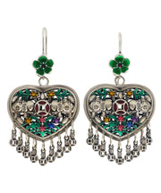 Casual Green Sterling Silver Heart Floral Tassel Drop Earrings