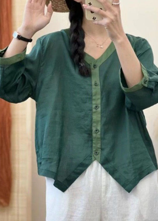 Casual Green V Neck Asymmetrical Patchwork Linen Shirt Summer