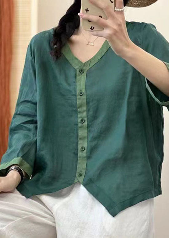 Casual Green V Neck Asymmetrical Patchwork Linen Shirt Summer