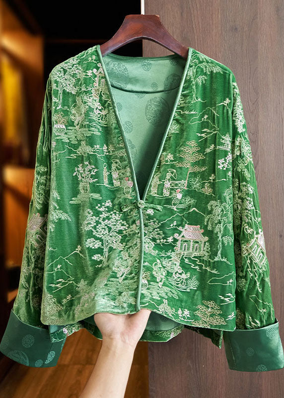Casual Green V Neck Embroidered Button Silk Velour Coats Fall