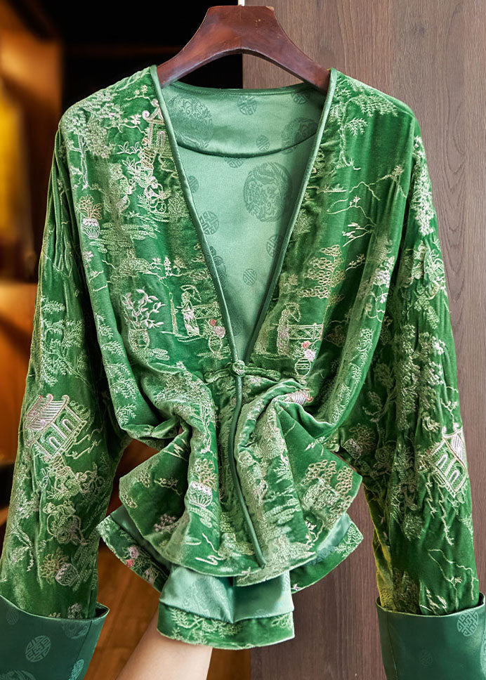 Casual Green V Neck Embroidered Button Silk Velour Coats Fall