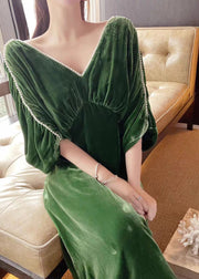 Casual Green V Neck Nail Bead Tunic Velour Maxi Dress Half Sleeve