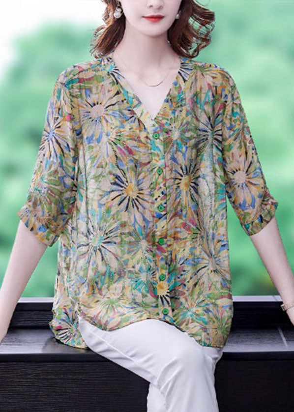 Casual Green V Neck Oversized Print Chiffon Shirt Tops Half Sleeve