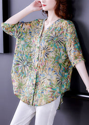 Casual Green V Neck Oversized Print Chiffon Shirt Tops Half Sleeve