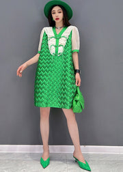 Casual Green V Neck Patchwork Chiffon Women's Mid Dress Short Sleeve