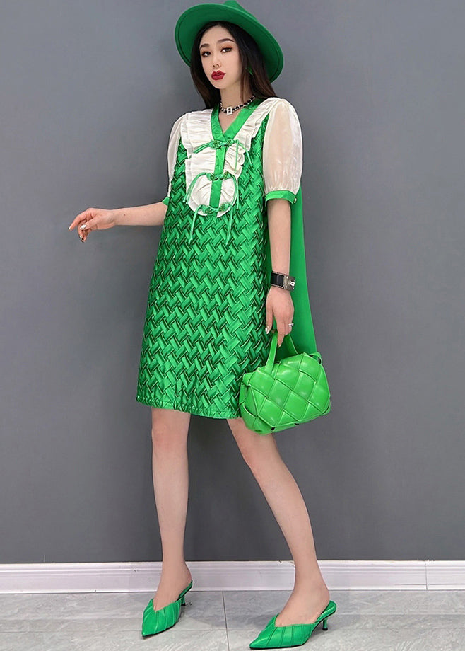 Lässiges grünes Patchwork-Chiffon-Damenkleid mit kurzen Ärmeln und V-Ausschnitt