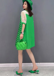 Lässiges grünes Patchwork-Chiffon-Damenkleid mit kurzen Ärmeln und V-Ausschnitt