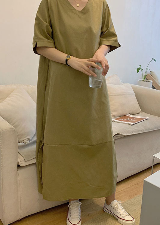 Casual Green V Neck Patchwork Wrinkled Cotton Dress Short Sleeve