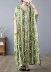Casual Green V Neck Print Linen Long Dress Summer
