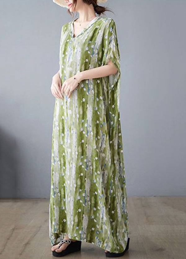 Casual Green V Neck Print Linen Long Dress Summer