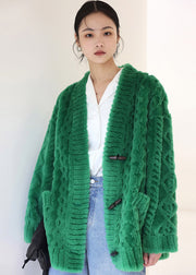 Casual Green V Neck Thick Button Woolen Coats Winter