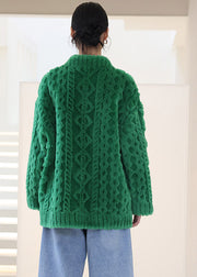 Casual Green V Neck Thick Button Woolen Coats Winter