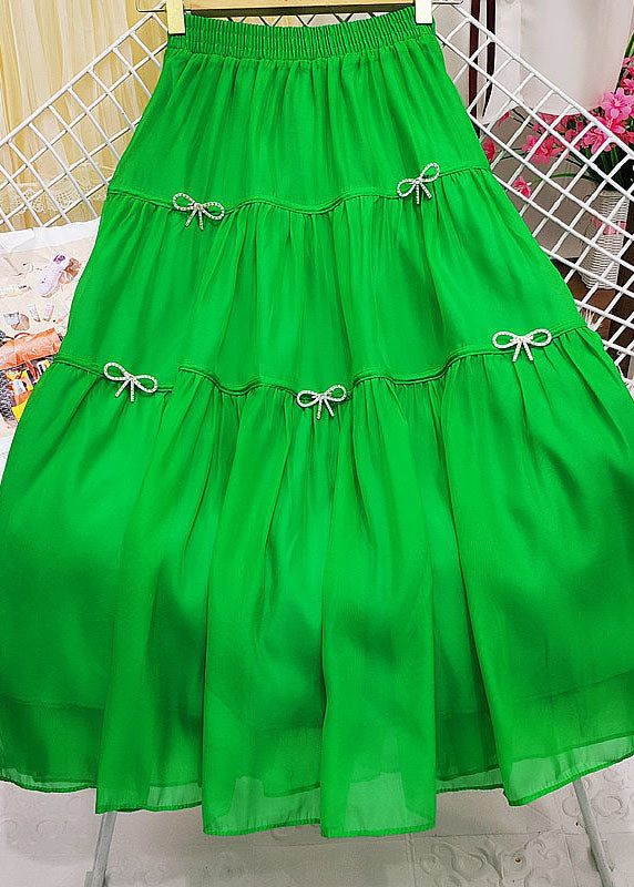 Casual Green Wrinkled Patchwork Bow Zircon Tulle Skirt Summer