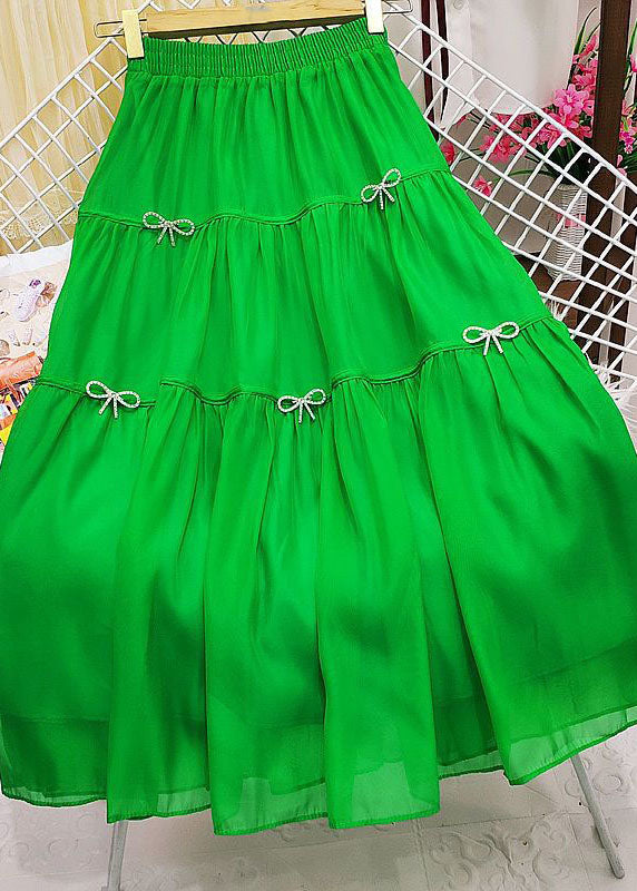 Casual Green Wrinkled Patchwork Bow Zircon Tulle Skirt Summer