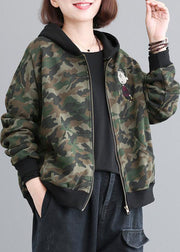 Casual Green Zip Up Patchwork Camouflage Cotton Hoodies Outwear Fall