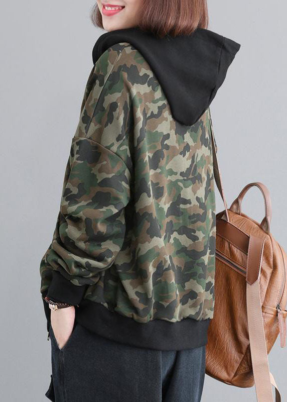 Casual Green Zip Up Patchwork Camouflage Cotton Hoodies Outwear Fall
