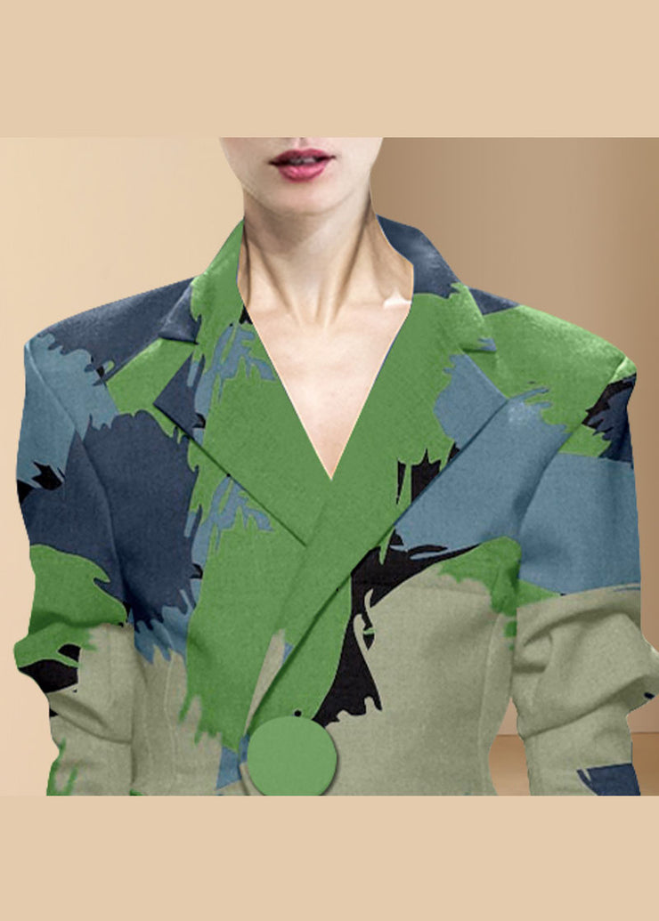 Lässiger grüner Knopf Bubikragen Print Westlicher Kleidungsmantel Langarm