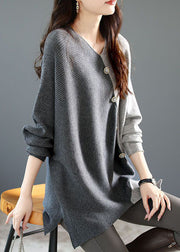 Casual Grey Asymmetrical Patchwork Knit Shirt Winter