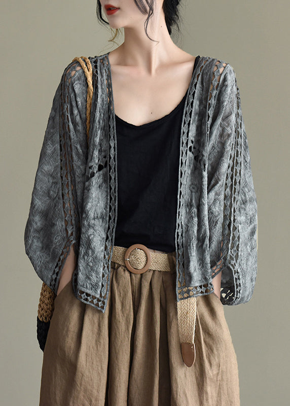 Casual Grey Black Hollow Out Embroidered Cardigans Batwing Sleeve