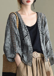 Casual Grey Black Hollow Out Embroidered Cardigans Batwing Sleeve