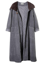 Casual Grey Button Hooded Pockets Winter Cotton Parka Long Sleeve - SooLinen