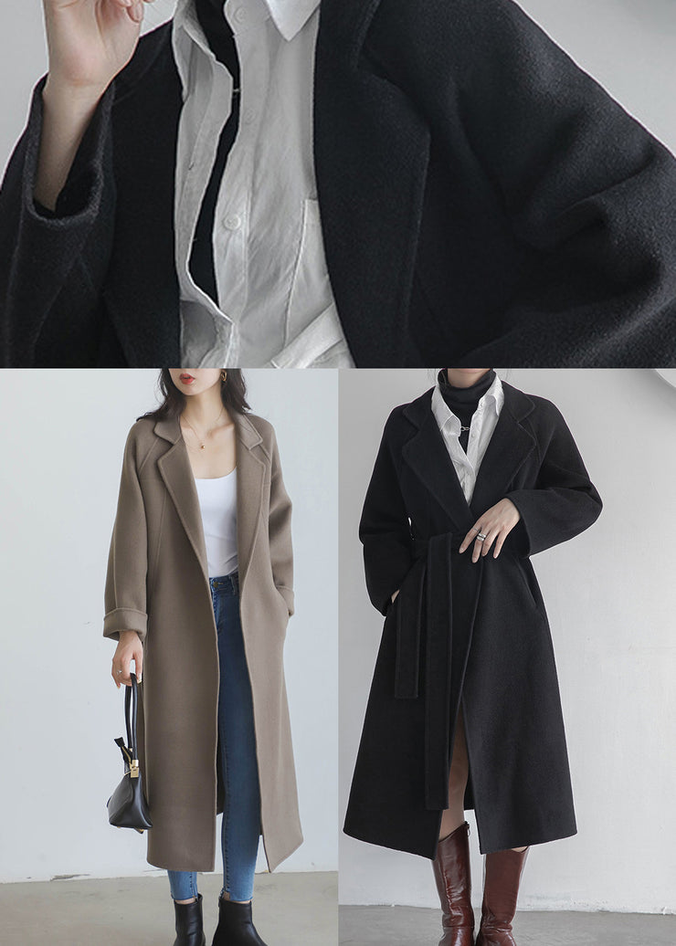 Casual Grey Coffee Colour Notched Solid Woolen Long Coats Fall