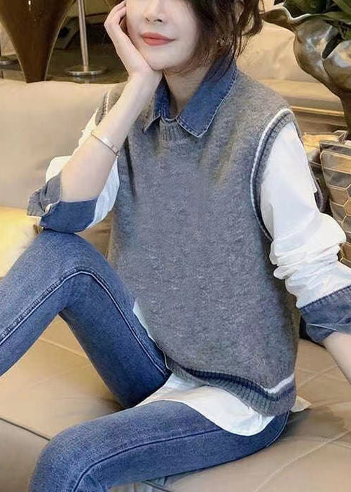 Casual Grey Denim Patchwork Shirt And Vest Autumn New Two-Piece Set